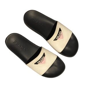 Authentic Prada Women's Black Cream pink accent logo Slides worn only once